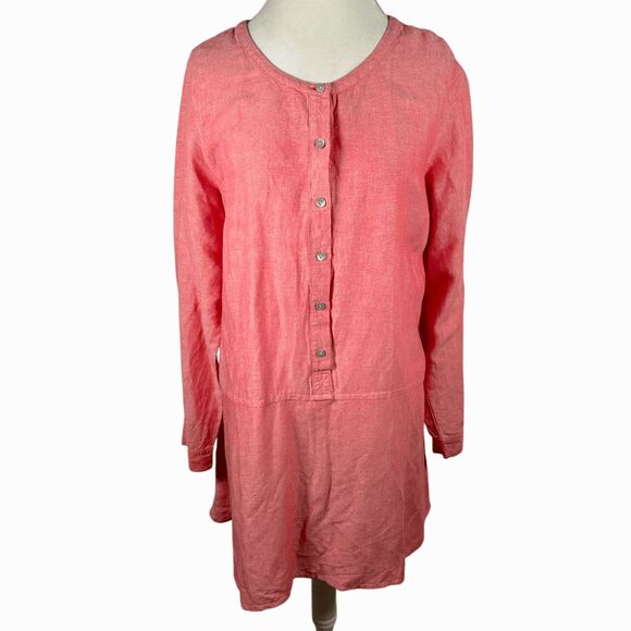 J. Jill Coral Button Shirt Dress Linen Blend Summer Beachy Relaxed Tunic Size L - Picture 7 of 8